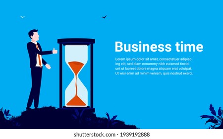 Business time vector illustration - Businessman standing next to hour glass showing thumbs up. Time management and punctuality concept.