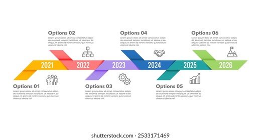 Geschäftszeit 6 Jahre. Infografik bunte Design-Vorlage für Unternehmen. Geschäftspräsentation, Meilenstein, Jahrestag, Plan und Roadmap. Vektorgrafik.