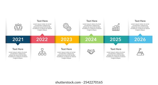 Business Timeline 6 Years Infographic Design Template for Business. Presentation, Milestones, Anniversary, Plan and Project. Vector Illustration.