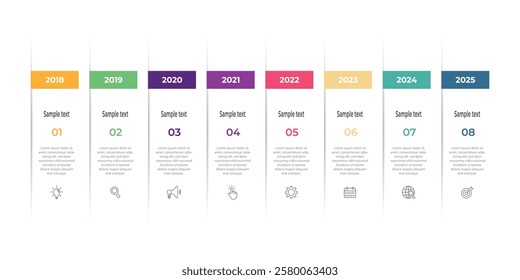 Business Timeline 8 Years Infographic Design Template for Business. Presentation, Milestones, Anniversary, Plan and Project. Vector Illustration