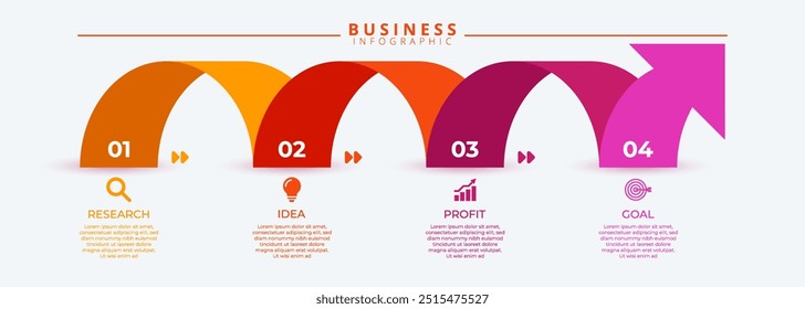 Business Timeline mit Pfeilsymbolen, die die wichtigsten Schritte zum Erfolg in einem visuellen Infografik-Format veranschaulichen.