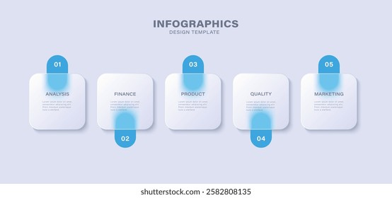 Business timeline chart template with 5 steps. Glass morphism effect.