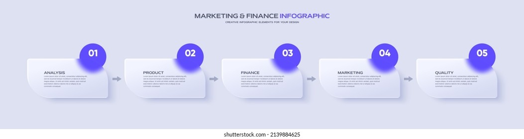 Plantilla de organigrama de la línea de tiempo del negocio. Infografía 5 pasos. Efecto morfismo de vidrio. Ilustración vectorial.