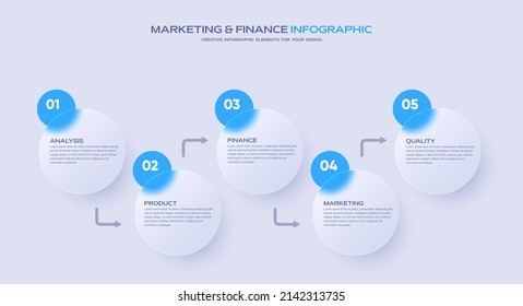 Business timeline chart template. Infographic 5 steps. Glass morphism effect. Vector illustration.