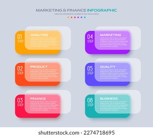 Business timeline chart template. Infographic 6 steps. Glass morphism effect. Vector illustration.	