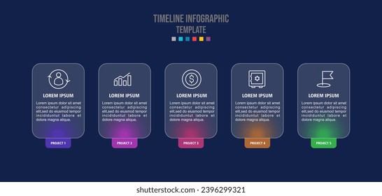 Business timeline chart template. Infographic 5 steps. Glass morphism effect. Vector