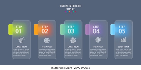 Plantilla de organigrama de la línea de tiempo del negocio. Infografía 5 pasos. Efecto morfismo de vidrio. Ilustración vectorial.