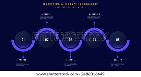 Business timeline chart template. Infographic 5 steps. Glass morphism effect. Vector illustration.