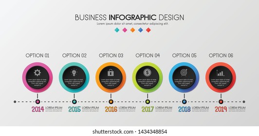Business timeline infographic with 6 options. Vector