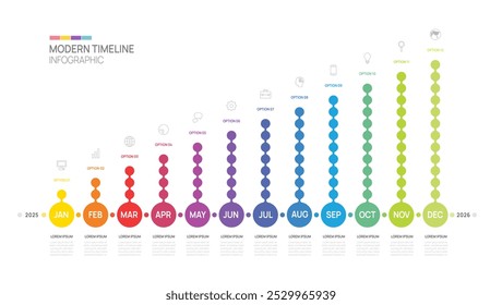 Infografía de la línea de tiempo del negocio Plantilla de paso de Circle Point. Calendario de diagrama de línea de tiempo de elementos de hito 2025, infografías de Vector.