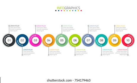 Business Timeline Infographic Design Elements With 10 Options, Parts, Circles, Steps Or Processes, Vector Illustration.