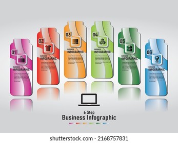 El diseño infográfico de línea de tiempo o de negocios y los iconos de marketing se pueden utilizar para diseño de flujo de trabajo, diagrama, informe anual, diseño web. Concepto de negocio con 6 opciones, pasos o procesos.