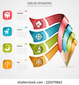 Business Timeline Infographic with Pencil, Icons and Number Options. Vector Template