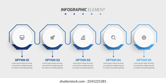 Presentación de infografía de línea de tiempo de negocio con la opción 5 de la etiqueta del círculo de línea de degradado y el icono
