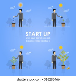 Business Timeline Infographics Design Emphasizing Businessman Planting Tree Concept on Light Blue Background. Vector image.