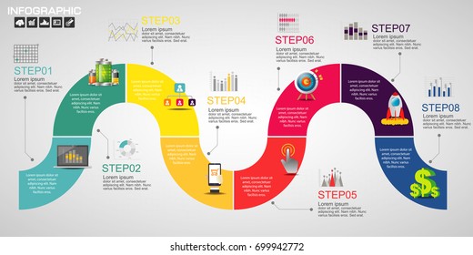 Business Timeline infographics design template with 3-10 options, process diagram, vector eps10 illustration