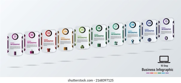 El diseño de infografías de línea de tiempo o de negocios, vectores e íconos de marketing, se pueden utilizar para diseño de flujo de trabajo, diagrama, informe anual, diseño web. Concepto de negocio con 10 opciones, pasos o procesos.