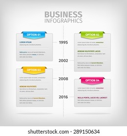 Business timeline Infographics with soft gray boxes with border. Colorful 3d tags. Vector illustration.