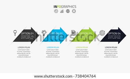 Business timeline infographics template with 4 options, steps, arrow and icons. Can be used for flowchart, presentation, workflow or process. Vector eps10 illustration.