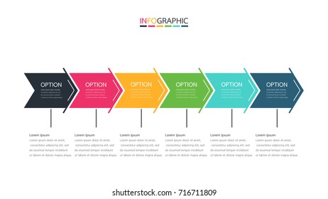 Business timeline infographics template with 6 steps,  arrow, flowchart, workflow or process infographics, vector eps10 illustration