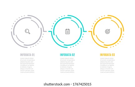 Business timeline process design template with circles and 3 options or steps. Vector elements for presentation.