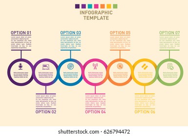 Business timeline progress chart presentation template with 7 stages and place for text