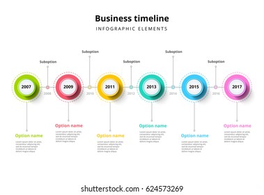 Business Timeline In Step Circles Infographics. Corporate Milestones Graphic Elements. Company Presentation Slide Template With Year Periods. Modern Vector History Time Line Layout Design.