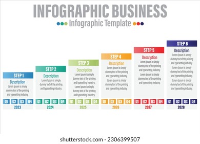 Business timeline with step rectangle infographics. Corporate milestones graphic elements. Company presentation slide template with year periods. Modern vector history time line layout design.