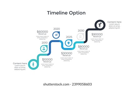 infografías del flujo de trabajo de la línea de tiempo de negocios. Elementos gráficos de hitos corporativos. Plantilla de diapositiva de presentación de la empresa con períodos de año. Diseño de línea de tiempo de historial vectorial moderno.