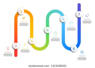 business timeline workflow infographics with realistic 3d round elements. modern corporate report template with flat line marketing icons. vector slide presentation design. eps 10