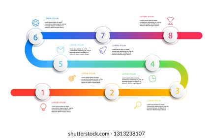 business timeline workflow infographics with realistic 3d round elements. modern corporate report template with flat line marketing icons. vector slide presentation design. eps 10