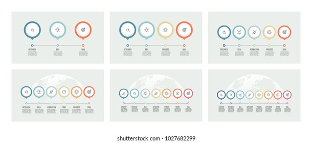 Business timelines with 3, 4, 5, 6, 7, 8 options. Vector infographics.