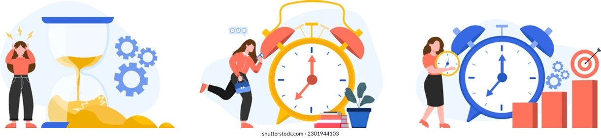 Business timing set with professional ladies doing work. Woman standing near hourglass and holding head, worry about timing. Woman rushing to work. Lady holding clock and checking time