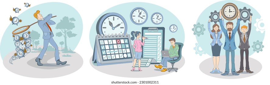 Business timing set. Time management illustration with lady working in office, organizing schedule plan and calendar appointments. Man walking with net full of watches. Flat vector illustration