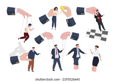 Business tiny people puppets holding huge hand controlling manipulation set vector illustration. Authority boss arm coaching guide employee. Leadership powerful domination management