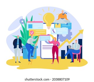 Business tiny people time management, company office clerk teamwork idea light bulb flat vector illustration, isolated on white.