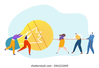 Business tiny person teamwork together pull light bulb, creative idea industry work flat vector illustration, isolated on white.