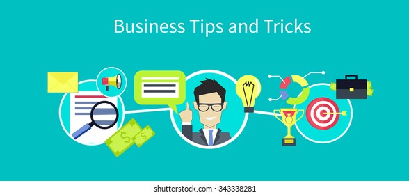 Business Tips And Tricks Design. Tips Icon, Helpful Tips, Advice And Hint, Idea And Tools, Assistance Support, Suggestion And Solution, Help And Guidance, Consultation Service Illustration