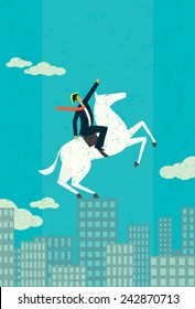 Business Titan A business leader, looking Napoleon-esque on his white horse, points upward on top of a city skyline. The man & horse and background are on separately labeled layers.