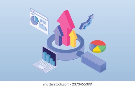 Business together magnifying glass traces.on blue background.3D design.isometric vector design Illustration.