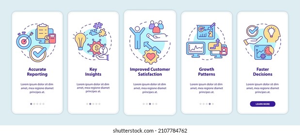 Business tools advantages onboarding mobile app screen. Key insights walkthrough 5 steps graphic instructions pages with linear concepts. UI, UX, GUI template. Myriad Pro-Bold, Regular fonts used