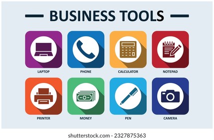 Business tools banner web icon vector illustration concept with icon of laptop, phone, calculator, notepad, printer, money, pen, camera
