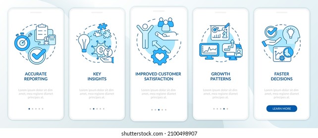 Las herramientas de negocio se benefician de la pantalla azul de aplicaciones móviles. Recorrido de patrones de crecimiento 5 pasos de páginas de instrucciones gráficas con conceptos lineales. UI, UX, plantilla GUI. Multitud de tipos de letra Pro-Bold, con uso regular