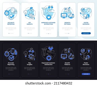 Business tools benefits night and day mode onboarding mobile app screen. Walkthrough 5 steps graphic instructions pages with linear concepts. UI, UX, GUI template. Myriad Pro-Bold, Regular fonts used