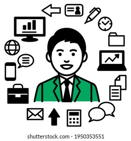 Business tools with businessman. Vector illustration.