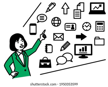 Business tools with businesswoman. Vector illustration.