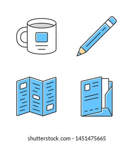 Business tools color icons set. Office accessories isolated vector illustrations pack. Company employee, businessman equipment. Personal cup, corporate booklet, pencil and document folder