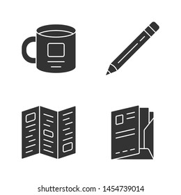 Business tools glyph icons set. Company employee, businessman equipment silhouette symbols. Office accessories vector isolated illustrations. Personal cup, corporate booklet, pencil, document folder