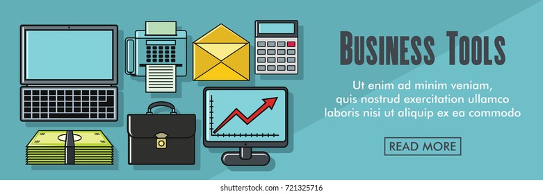 Business tools horizontal banner. Business tools vector illustration in flat style for web