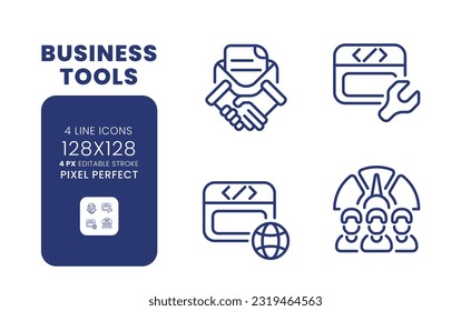 Business tools linear desktop icons set. Computer technology. Collaboration software. Pixel perfect 128x128, outline 4px. Isolated user interface elements pack for website. Editable stroke